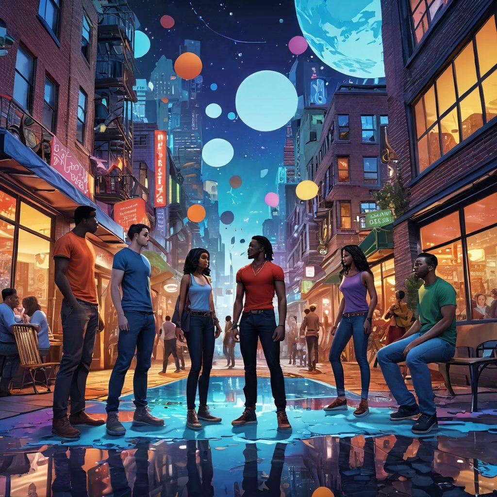 A vibrant 3D illustration featuring a diverse group of characters from adult graphic novels, engaging in an interactive comic scene. The background showcases a richly detailed urban environment, filled with dynamic elements like floating text and thought bubbles that reflect maturity and imagination. Elements of fantasy and realism intertwine, emphasizing the depth of storytelling in this medium. Bright, stunning colors enhance the drama of the scene. super-realistic. vibrant colors. 3D.