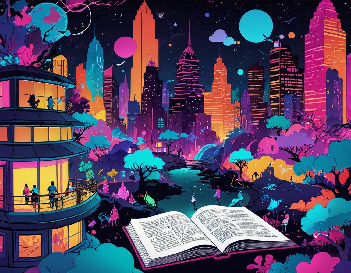 A whimsical landscape depicting a vibrant digital world filled with stylized characters from adult comics, navigating through surreal obstacles like neon-lit cities and abstract thought bubbles. Include a group of diverse individuals engaged in discussions, with a glowing, open book symbolizing knowledge and exploration. Emphasize a mix of humor and intrigue, with bright colors and dynamic movement. vector art. vibrant colors. 3D.