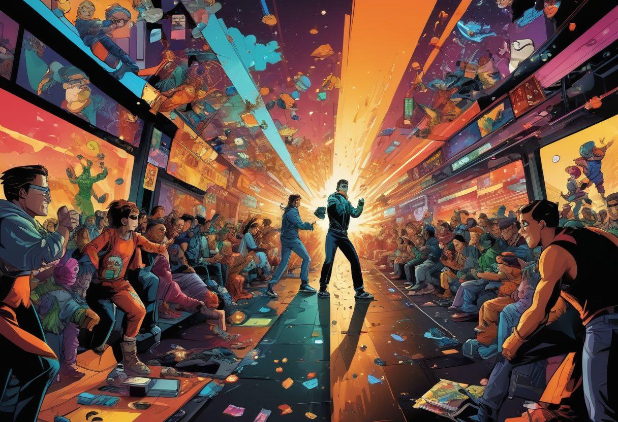 A dynamic digital illustration depicting a split scene: on one side, a colorful array of pixel art characters bursting with energy; on the other side, sophisticated, sleek comic panels featuring mature themes with bold graphics. Emphasize a seamless transition between the two styles, showcasing the evolution of comics. Incorporate elements like digital devices interacting with the characters and panels. vibrant colors. cartoon style. 3D effect.